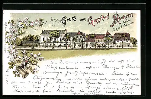 Lithographie Mockern, Gasthaus Mockern, Besitzer Graichen