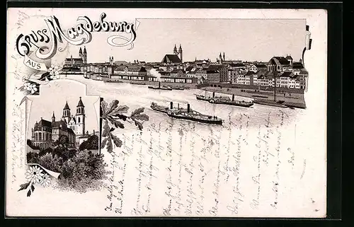 Vorläufer-Lithographie Magdeburg, Flusspartie mit Dampfern 1895