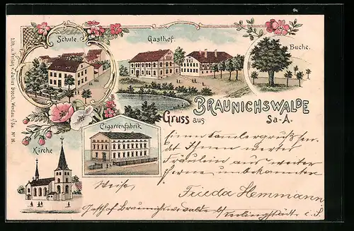 Lithographie Braunichswalde, Cigarrenfabrik, Gasthof, Schule