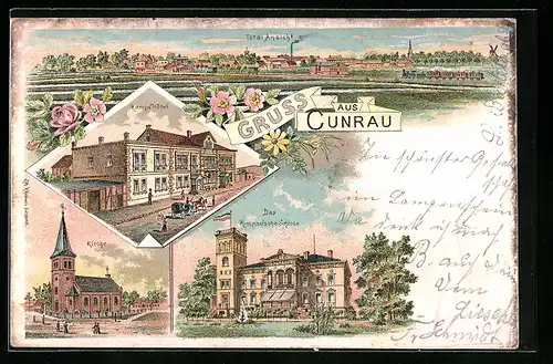 Lithographie Cunrau, Totalansicht, Kamps Hotel, Kirche