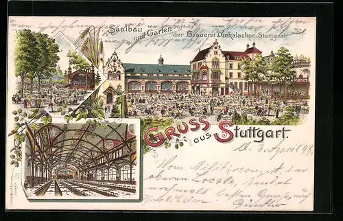 Lithographie Stuttgart, Gasthaus Brauerei Dinkelacker, Saalbau und Garten