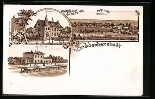 Lithographie Baddeckenstedt, Totalansicht, Post und Bahnhof