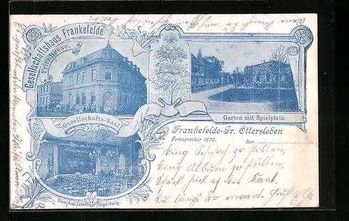 Lithographie Gr. Ottersleben, Gesellschaftshaus Frankefelde von Fritz Beese, Garten mit Spielplatz