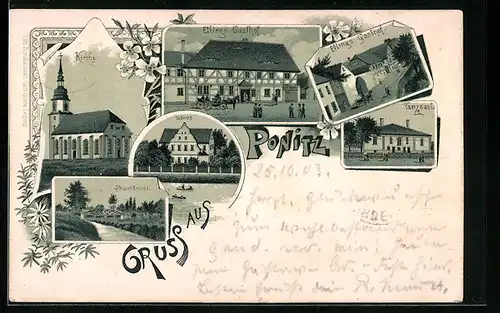 Lithographie Ponitz, Kirche, Schloss, Etlings Gasthof, Tanzsaal