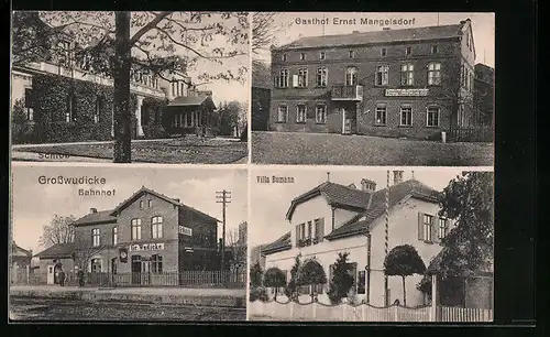 AK Grosswudicke, Bahnhof, Villa Bumann, Gasthof Ernst Mangelsdorf