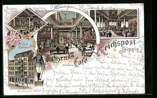 Lithographie Leipzig, Cafe Reichspost, Innenansichten Oberer Saal und Billardzimmer