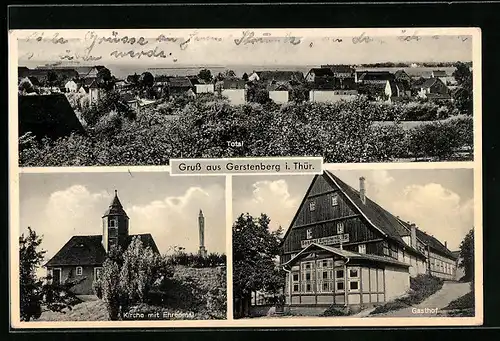 AK Gerstenberg i. Thür., Gasthof, Kirche mit Ehrenmal, Teilansicht