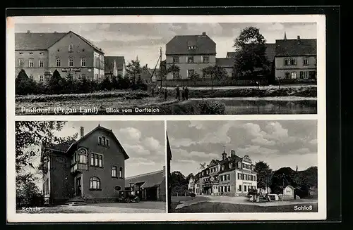 AK Prössdorf /Pegau Land, Blick vom Dorfteich mit Gasthof, Schloss, Schule