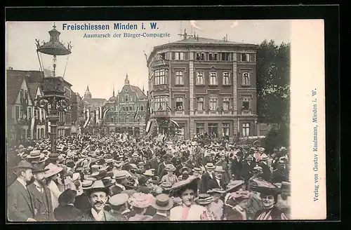 AK Minden i. W., Freischiessen, Ausmarsch der Bürger-Compagnie, Volksfest