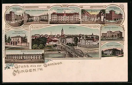 Künstler-AK Minden i. W., Fort B. Hannov. Pionier-Bat. No. 10, Simeons-Kaserne, Garnison-Lazarett