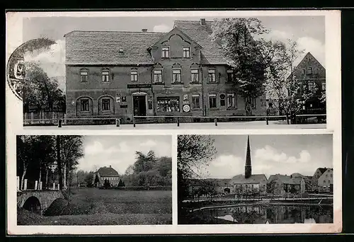 AK Neuenmörbitz, Gasthof von Paul Stenker, Ortspartie mit Brücke, Uferpartie