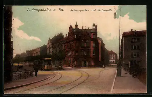AK Ludwigshafen, Prinzregentenstrasse Ecke Pfalzstrasse mit Strassenbahn
