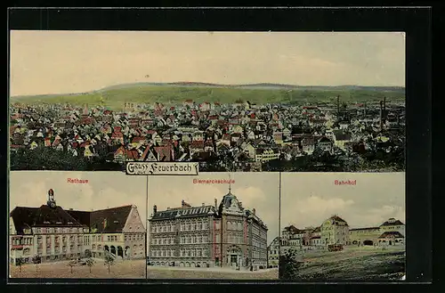 AK Feuerbach, Bismarckschule, Rathaus, Bahnhof