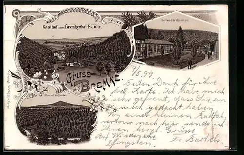 Lithographie Bremke, Gasthof zum Bremkerthal F. Jütte, Gartengasthaus, Blick auf die Gleichen
