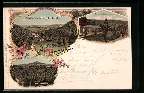 Lithographie Bremke, Gasthof zum Bremkerthal F. Jütte, Gartengasthaus, Blick auf die Gleichen