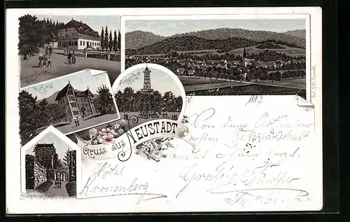 Lithographie Neustadt /Harz, Hotel Kronenberg, Kurhaus, Poppenberg-Turm