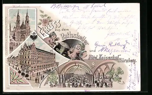 Lithographie Nürnberg, Hotel Kaiserhof und Gasthaus Ratskeller, Innenansicht, St. Lorenz-Kirche