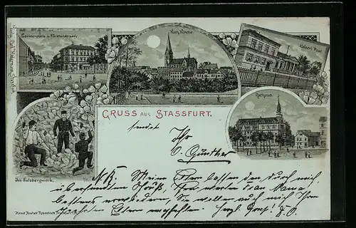 Mondschein-Lithographie Stassfurt, Katholische Kirche, Kaiserliche Post, Im Salzbergwerk