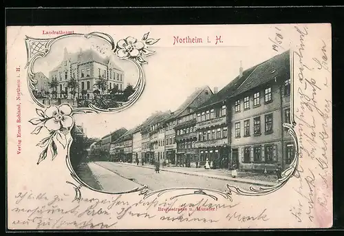 AK Northeim i. H., Breitestrasse mit Gasthaus zum Ratskeller und Münster, Landratsamt