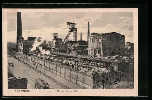 AK Dortmund, Kohle-Zeche Kaiserstuhl mit Strassenbahn