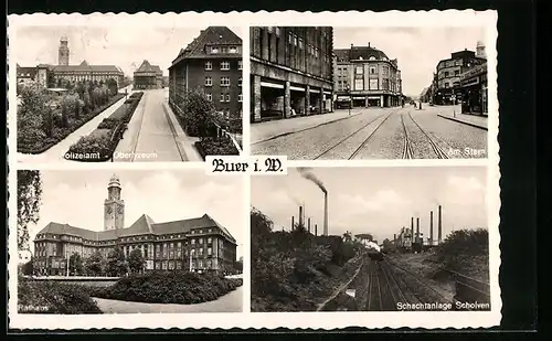 AK Buer i. W., Am Stern mit Geschäften, Kohle-Schachtanlage Scholven, Rathaus