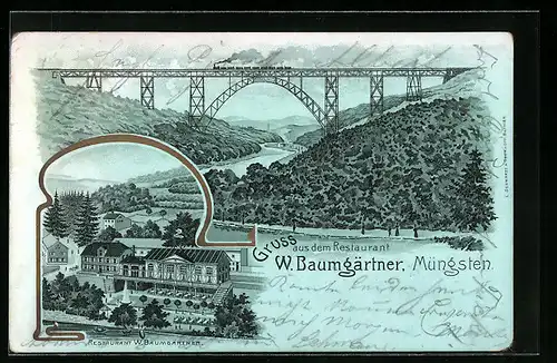 Lithographie Müngsten, Restaurant W. Baumgärtner mit Umgebung aus der Vogelschau, Deutschlands höchste Brücke