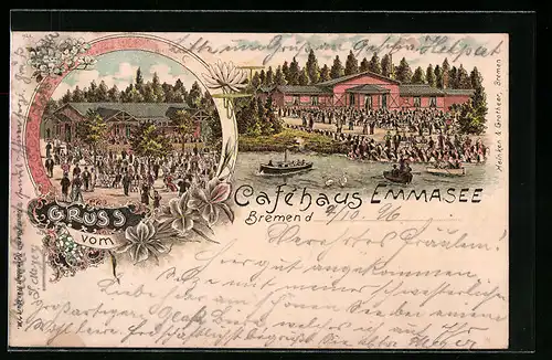 Lithographie Bremen, Gasthaus Cafehaus am Emmasee mit Gästen, Besitzer H. Dunker
