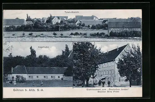 AK Göhren b. Altb. /S.-A., Totalansicht, Gasthaus Etablissement zum Deutschen Jordan mit Kegelbahn