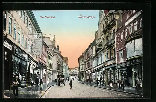 AK Nordhausen, Rautenstrasse mit Geschäften und Passanten