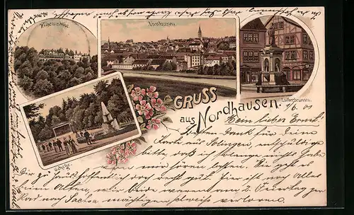 Lithographie Nordhausen, Ortsansicht, Lutherbrunnen, Wilhelmshöhe
