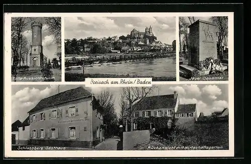 AK Breisach /Rh., Ortsansicht, Schlossberg-Gasthaus und Pension, Tulla-Aussichtsturm