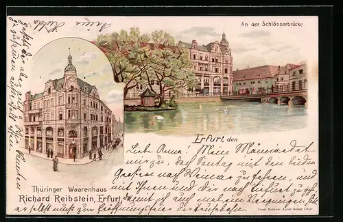 Lithographie Erfurt, Partie an der Schlösserbrücke, Thüringer Waarenhaus Richard Reibstein