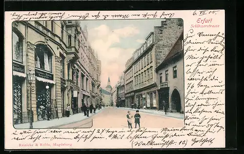 AK Erfurt, Schlösserstrasse mit Geschäften und Kirche