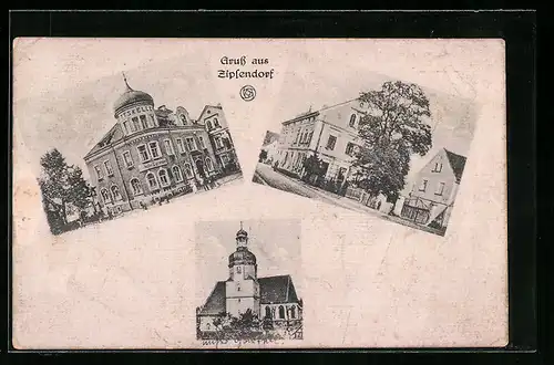 AK Zipsendorf, Gasthaus Ratskeller, Kirche, Strassenpartie