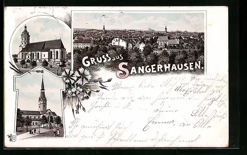 Lithographie Sangerhausen, Ortsansicht aus der Vogelschau, Kirchen