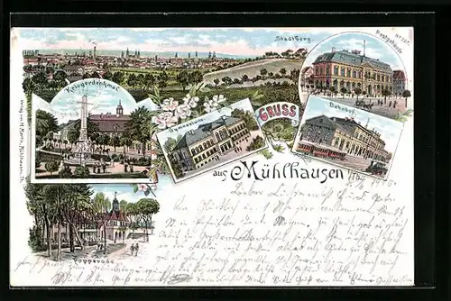 Lithographie Mühlhausen /Th., Ortsansicht mit Stadtberg, Bahnhof, Gymnasium