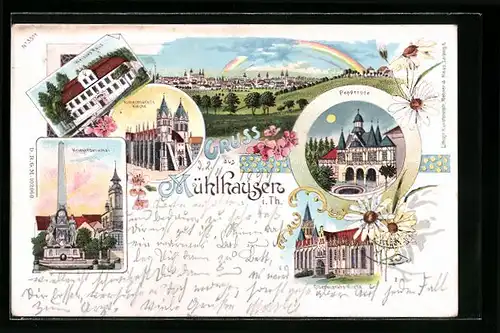 Lithographie Mühlhausen /Th., Ortsansicht, Kriegerdenkmal, Weisses Haus