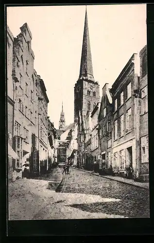 AK Lübeck, Strassenpartie in der Engelsgrube mit Kirche