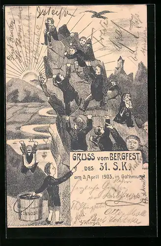 Künstler-AK Gothmund, Bergfest des 31. S. K. 1903, Bergsteiger über einem Fluss, Karikatur