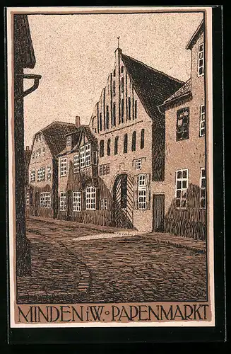 Steindruck-AK Minden i. W., Strassenpartie Papenmarkt