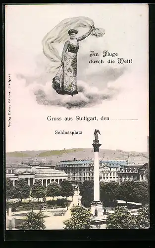 AK Stuttgart, Schlossplatz mit Denkmal, Fliegende Dame mit Tuch