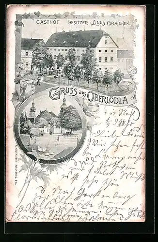 AK Oberlödla, Gasthof Graichen, Schloss und Kirche