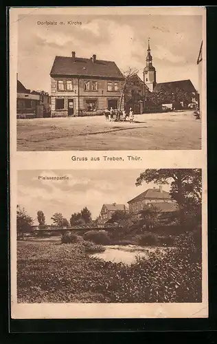 AK Treben i. Thür., Dorfplatz mit Kirche, Pleissenpartie