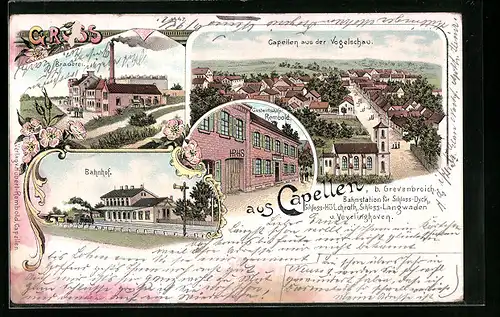 Lithographie Capellen, Bahnhof, Gastwirtschaft Rembold, Brauerei