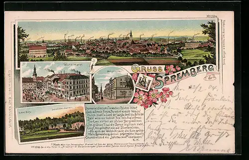 Lithographie Spremberg, Bergstrasse, Wochenmarkt, Kuhle`s Berg