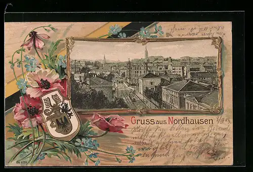 Passepartout-Lithographie Nordhausen, Strassenpartie mit Strassenbahn, Wappen