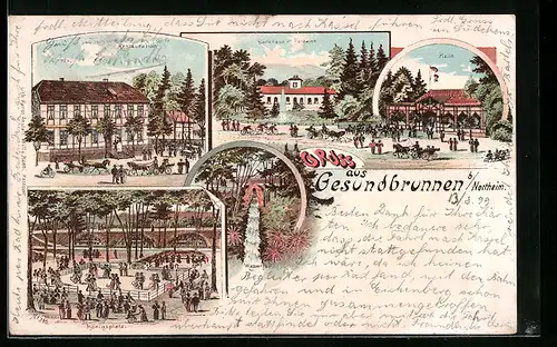 Lithographie Gesundbrunnen b. Northeim, Restauration, Badehaus m. Fontaine, Königsplatz