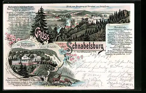 Lithographie Nordhausen a. H., Restaurant zur Schnabelsburg a. Kohnstein, Kohnstein-Waldparthien