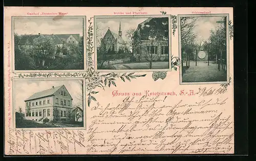 AK Kriebitzsch /S.-A., Gasthof Deutsches Haus, Kirche und Pfarrhaus, Schule