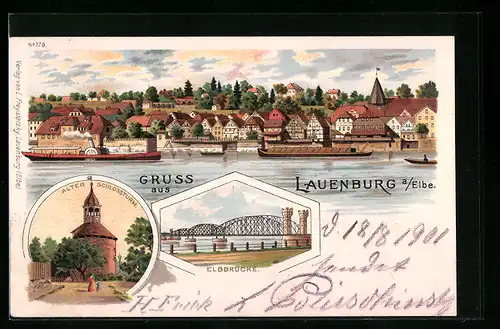 Lithographie Lauenburg a. Elbe, Elbbrücke, Fluss mit Dampfer, Alter Schlossturm